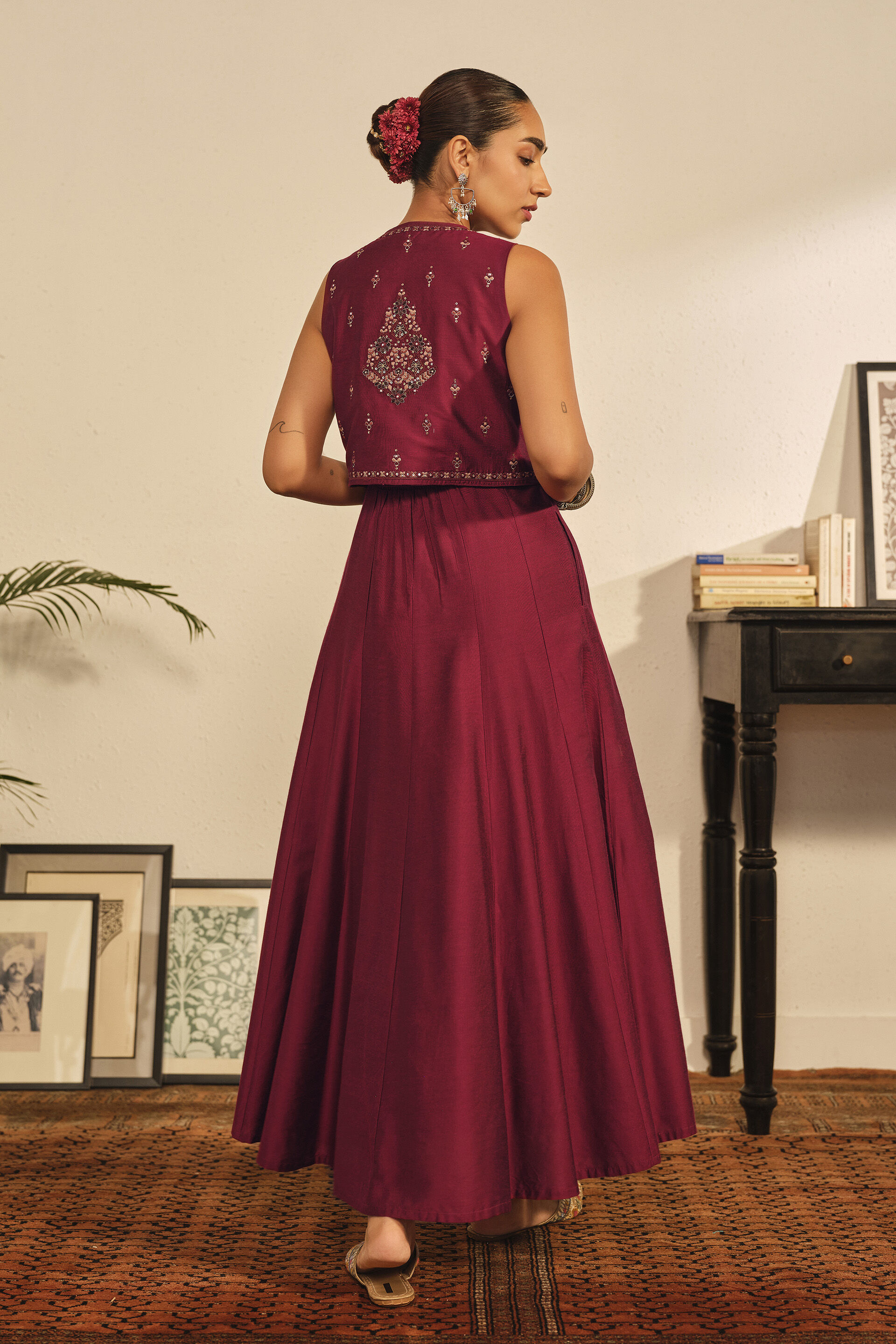 Embroidered Maxi Dress Set in Maroon, Maroon, image 5